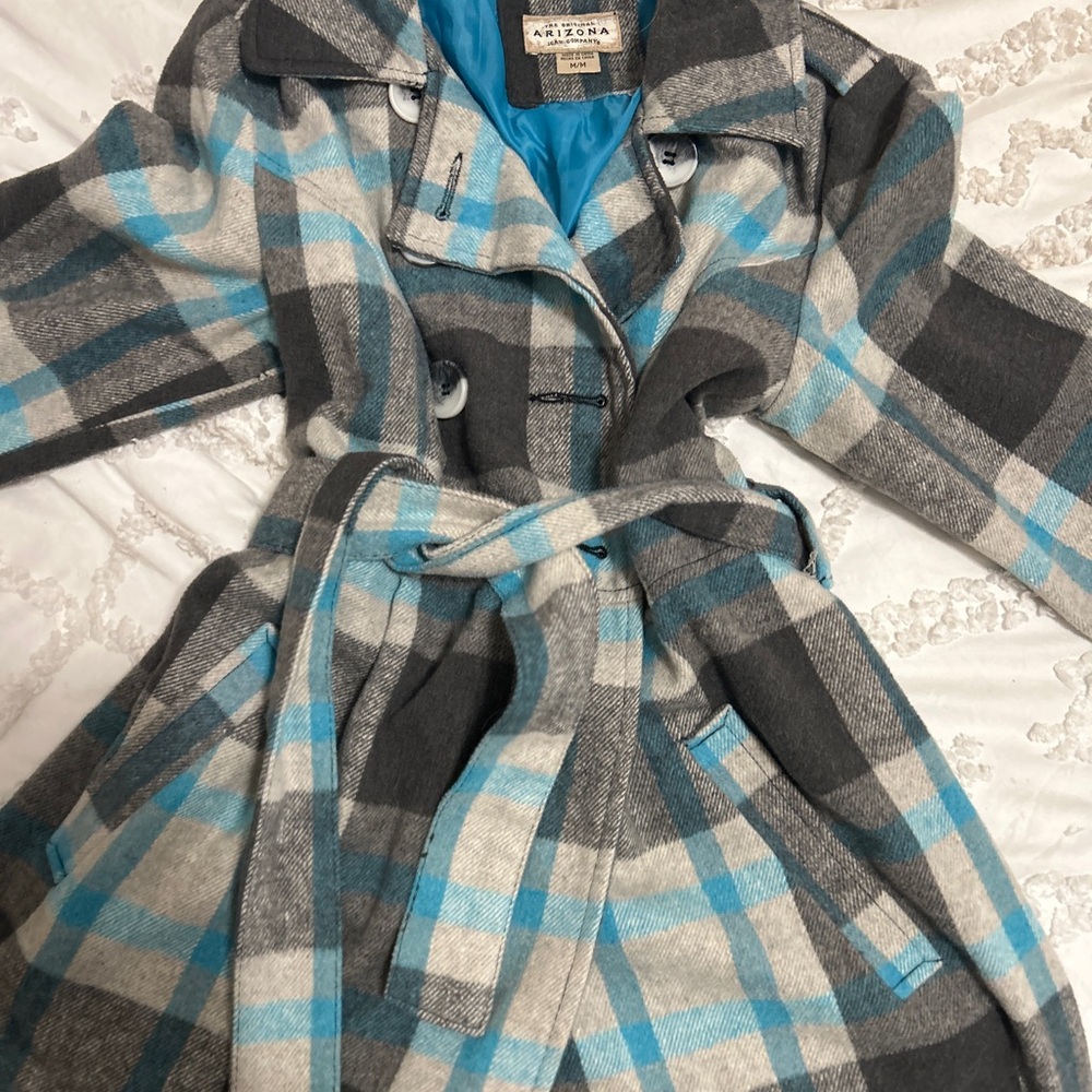 Arizona Jean Company Women's Blue and Gray Plaid Trench Coat